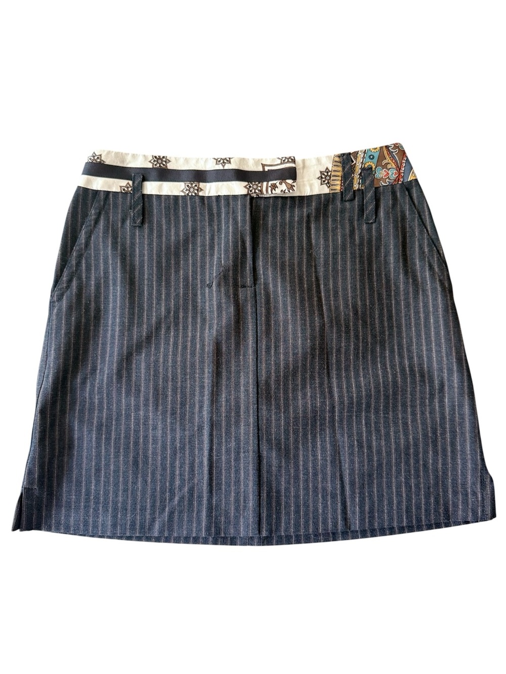 Poleci Y2K Charcoal‎ Pinstripe Skirt Scarf Contrast Waist Retro Eclectic Size M